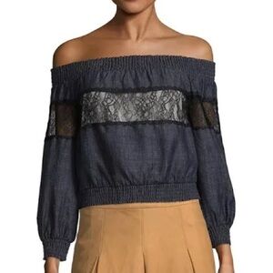 Alice + Olivia Celia Off The Shoulder Stretchy Long Sleeve Denim Style Lace Top
